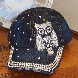 Denim Owl Embellished Baseball Cap